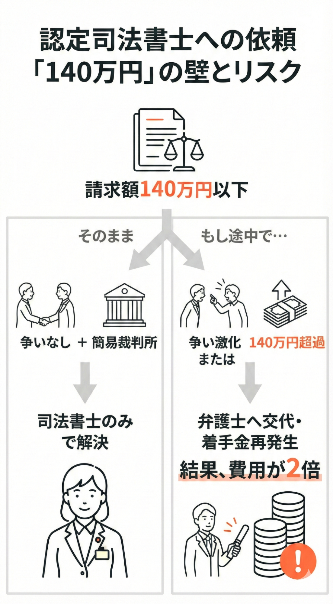認定司法書士への依頼は請求額140万円以下が目安。争いがなく簡易裁判所で完結する案件は対応できるが、争いが激化して140万円を超えると弁護士への交代や着手金の再発生で費用が増えるリスクがある。