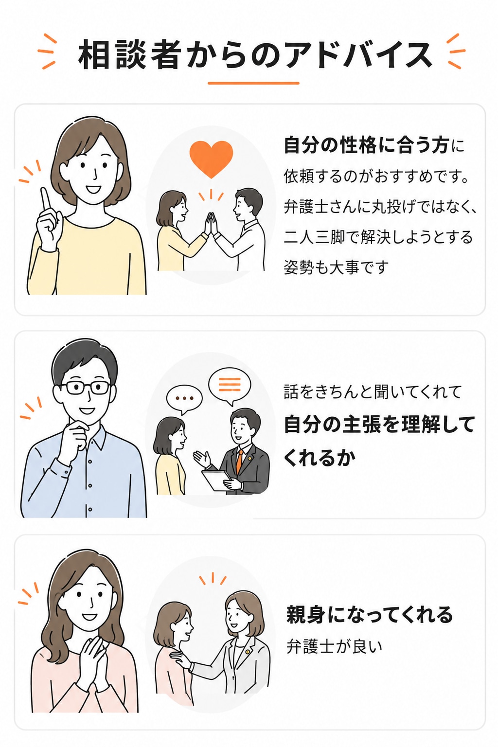 相談者からのアドバイス。「自分の性格に合う方に依頼するのがおすすめです」「話をきちんと聞いてくれて自分の主張を理解してくれるかが大事です」