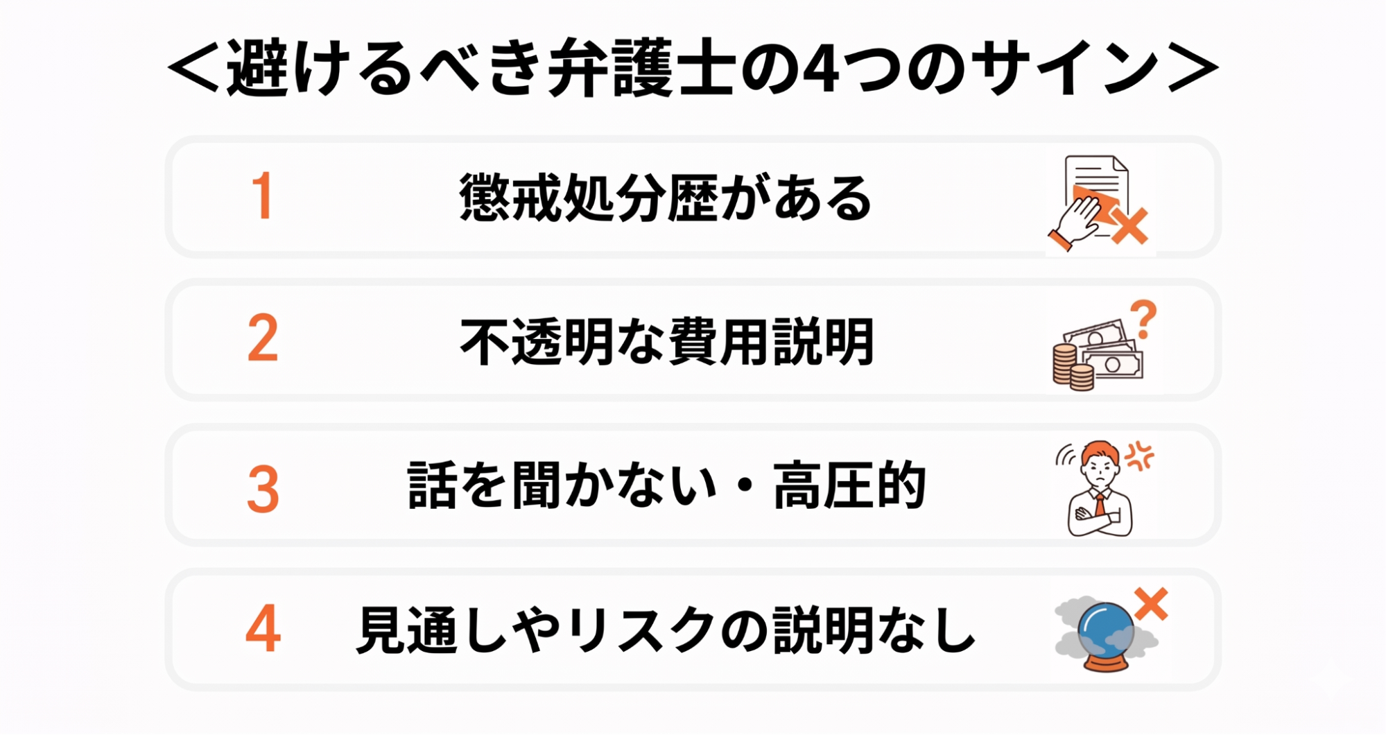 避けるべき弁護士の4つのサイン。1 懲戒処分歴がある、2 費用説明が不透明、3 話を聞かない・高圧的、4 見通しやリスクの説明がない。