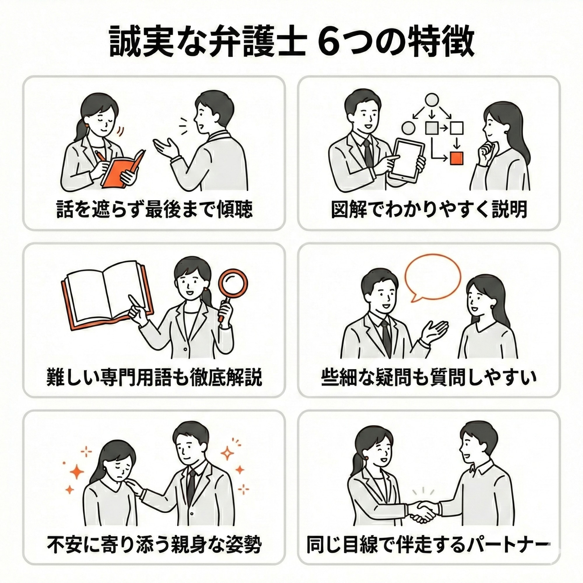 誠実な弁護士6つの特徴。話を遮らず最後まで傾聴し、図解でわかりやすく説明し、難しい専門用語も徹底解説し、些細な疑問も質問しやすく、不安に寄り添う親身な姿勢があり、同じ目線で伴走するパートナーでいてくれる。