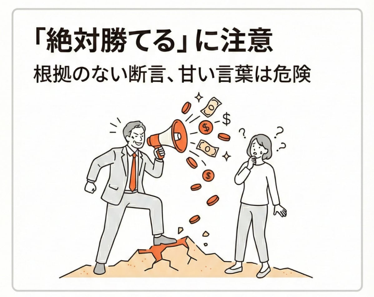 絶対勝てるという根拠のない断言や甘い言葉を言う弁護士には注意が必要。