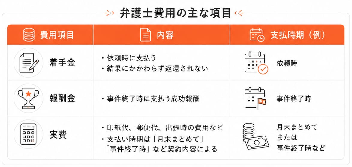 依頼時に支払い結果にかかわらず返還されない着手金、事件終了時に支払う成功報酬である報酬金、印紙代・郵便代・出張時の費用などが該当し支払い時期は月末まとめてまたは事件終了時など契約内容によって異なる実費という弁護士費用の主な項目の図