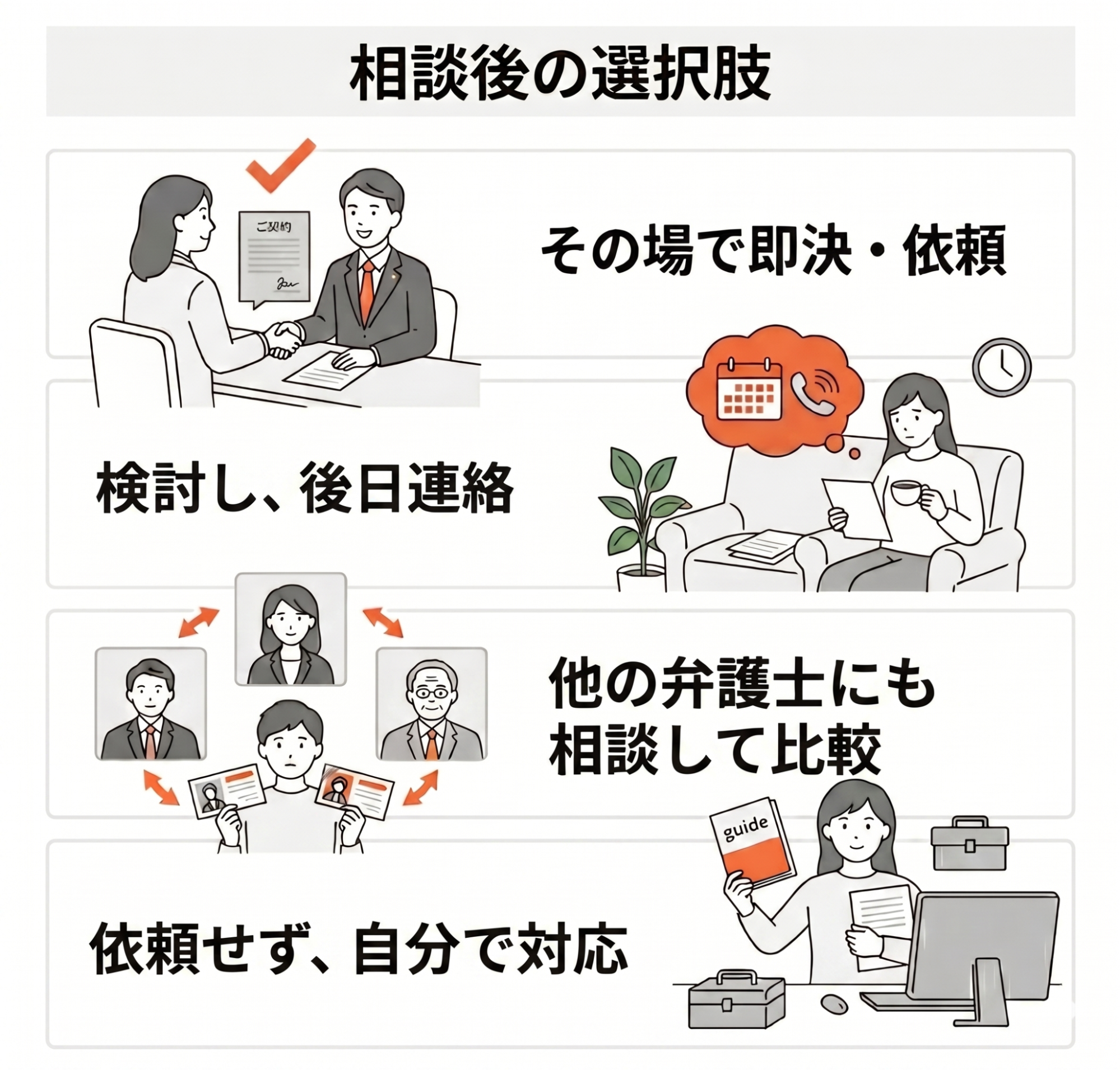相談当日にその場で依頼を即決しなくても良く、いったん持ち帰って費用や解決の見通しを検討して後日連絡する、他の弁護士にも相談して比較検討する、あるいは弁護士に依頼せず自分で対応するといった無料相談後の選択肢を示した図