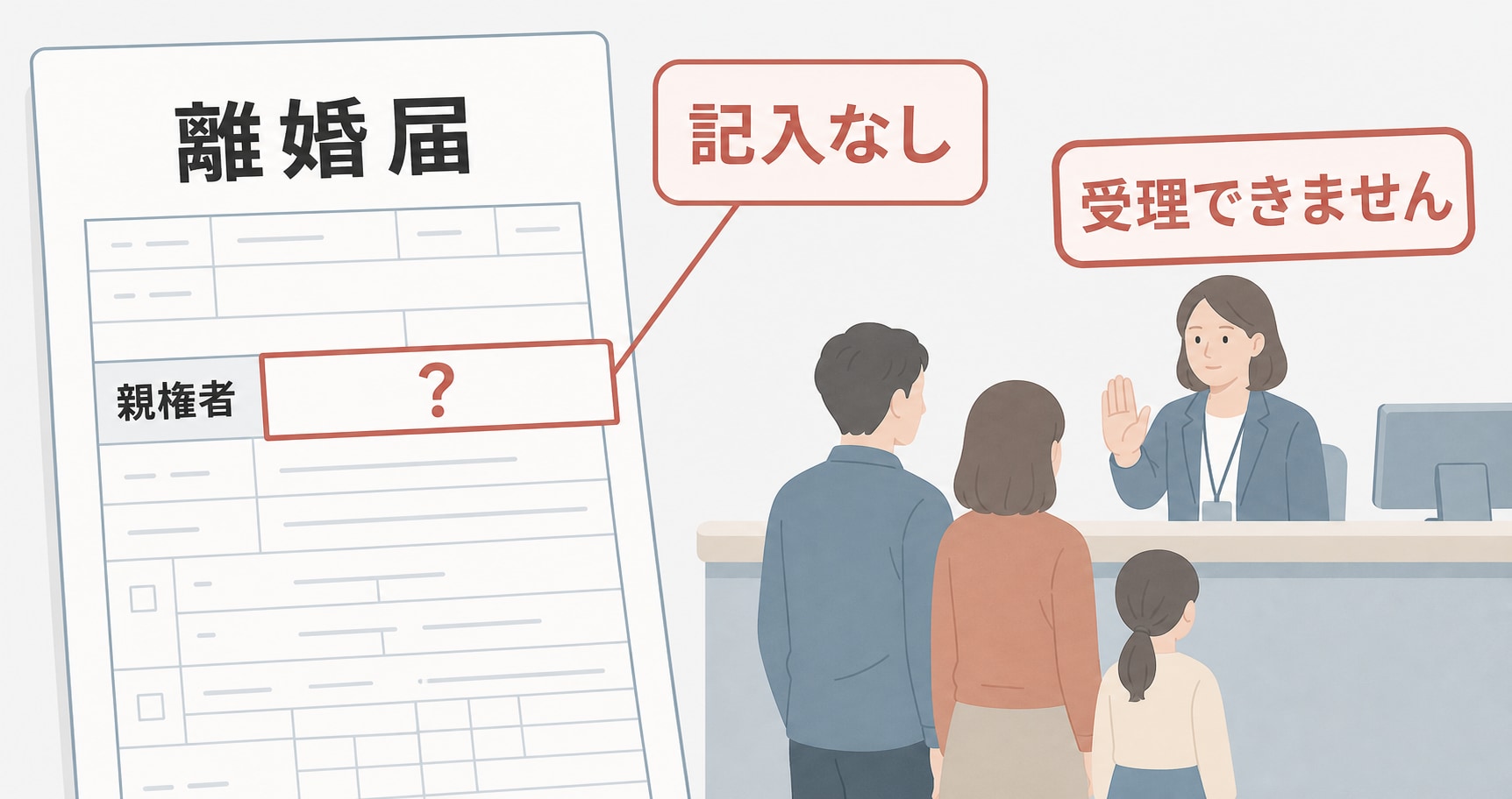 親権者の欄に記載がないと離婚届が受理されないことを示す図