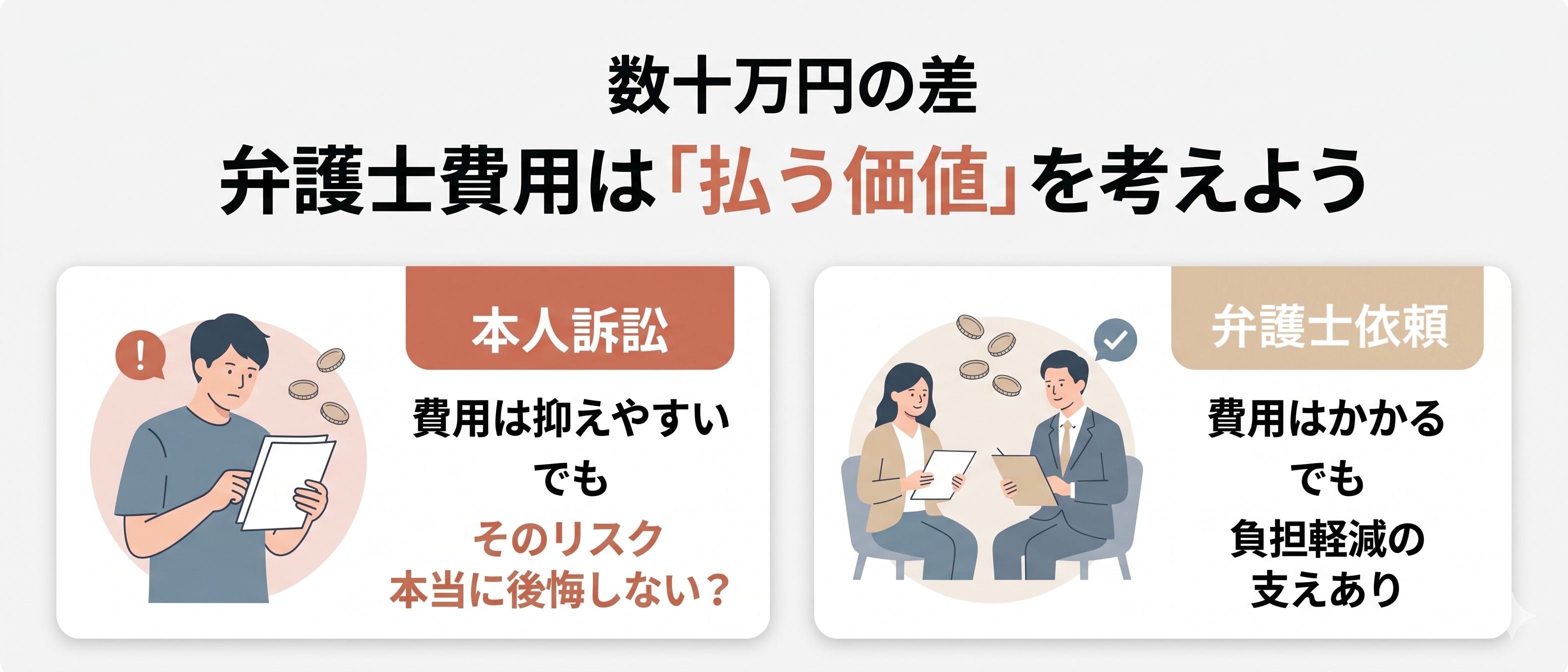 弁護士なしと弁護士ありの費用面のメリット・デメリットを比較する図