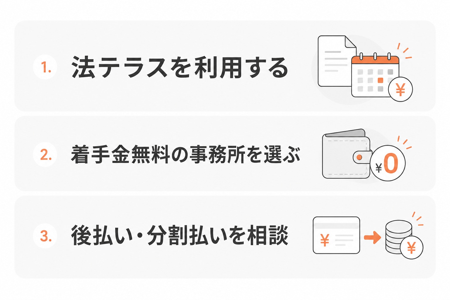 弁護士費用の負担を抑える3つの方法を示した図