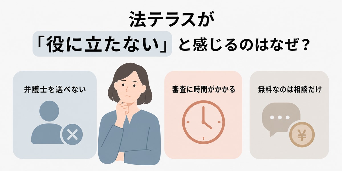 法テラスが「役に立たない」と言われる5つの理由を示した図