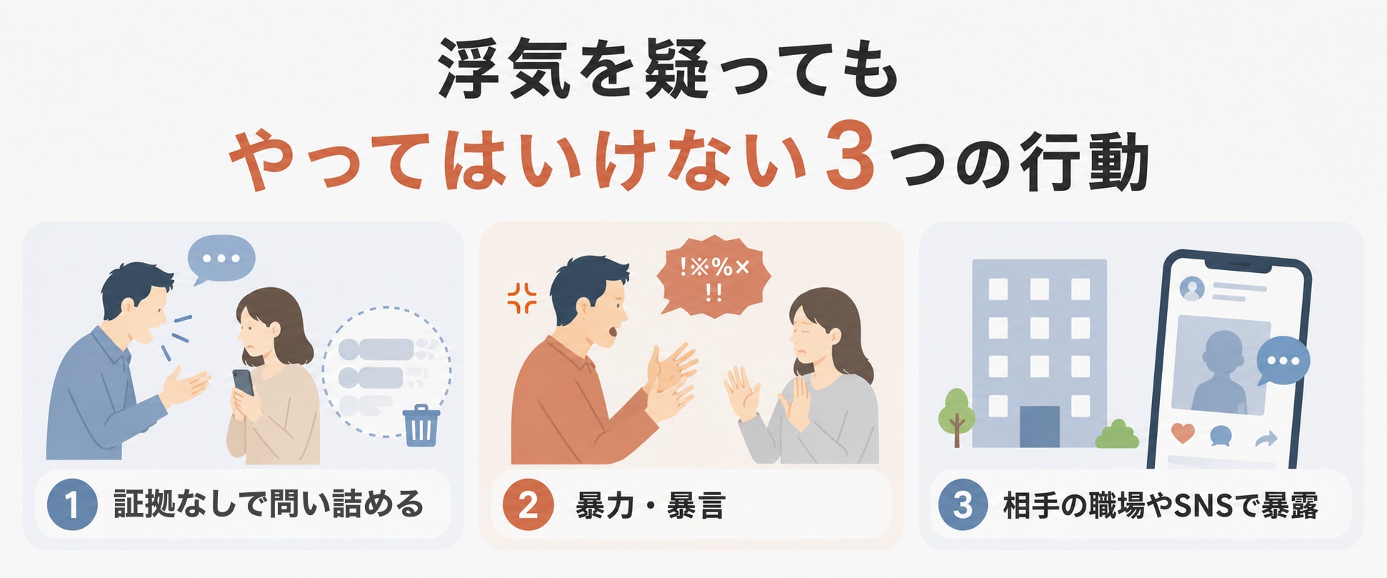 妻の浮気発覚時に夫が避けるべき行動を示した図