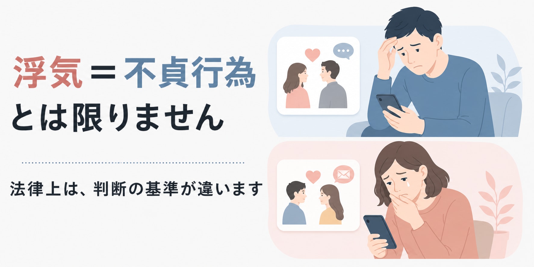 浮気と不貞行為は法律上の判断基準が異なることを示した図