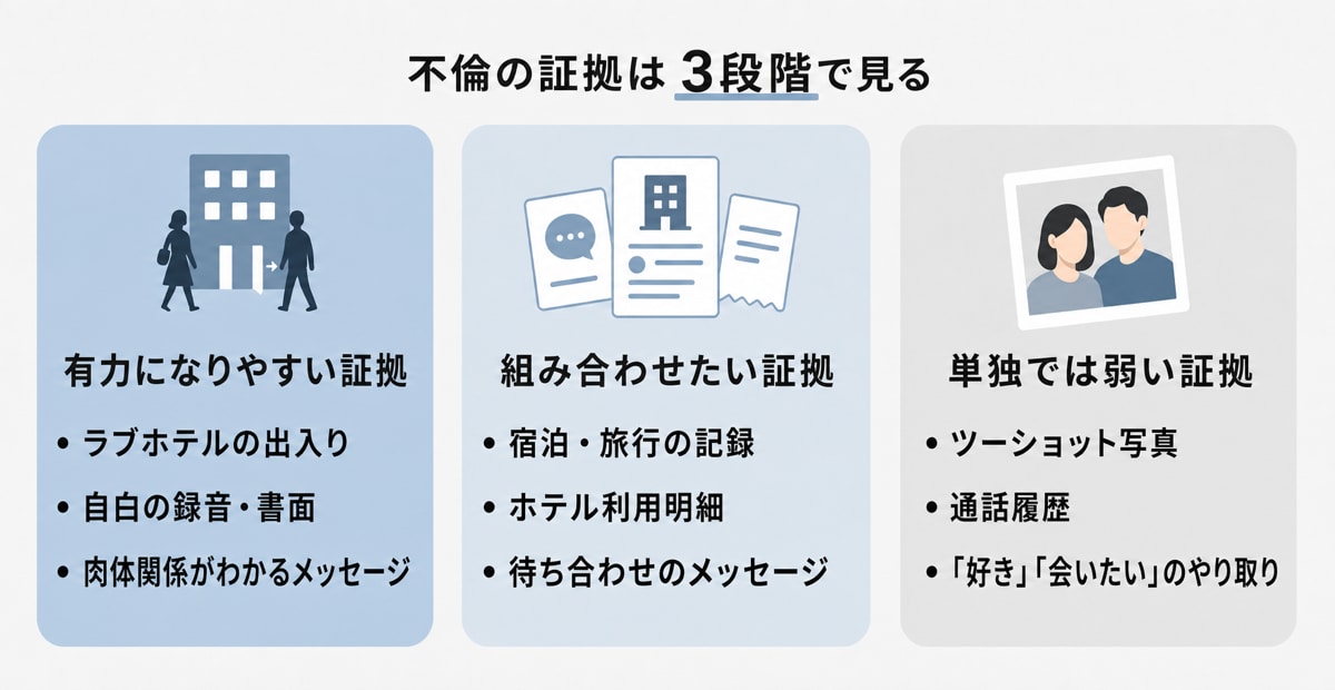 不倫の証拠になるものを一覧で示した図