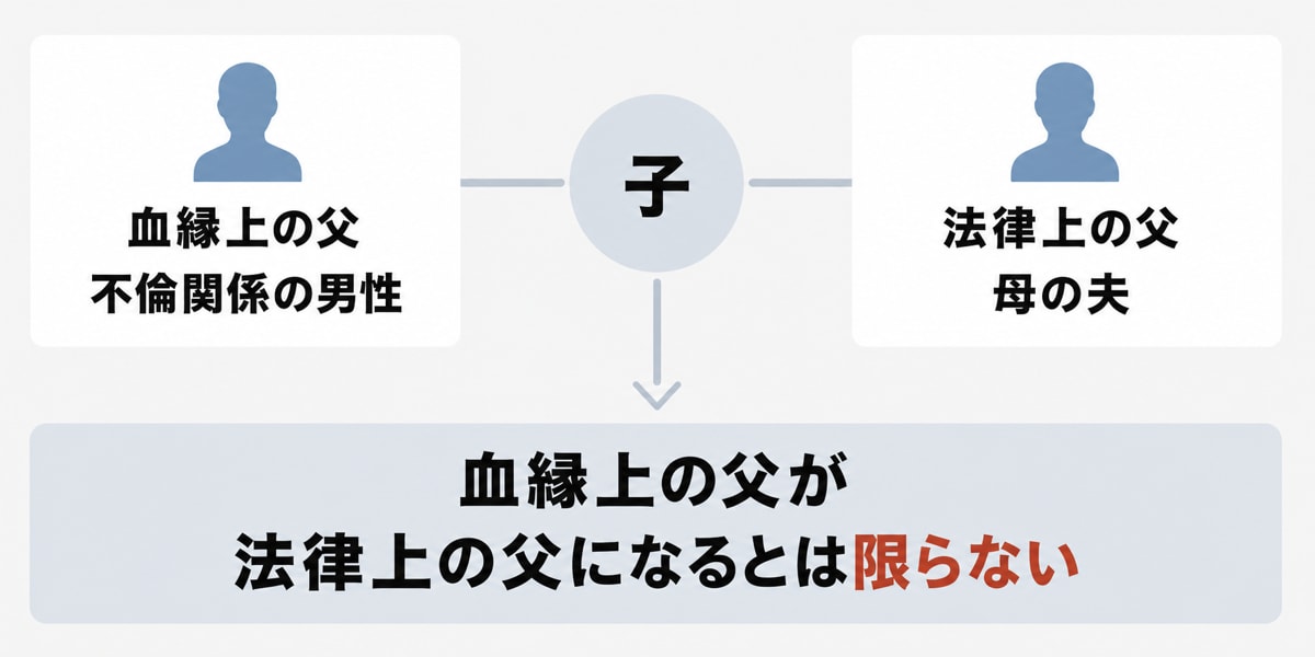 ダブル不倫の場合に法律上の父親が誰になるかを説明した図