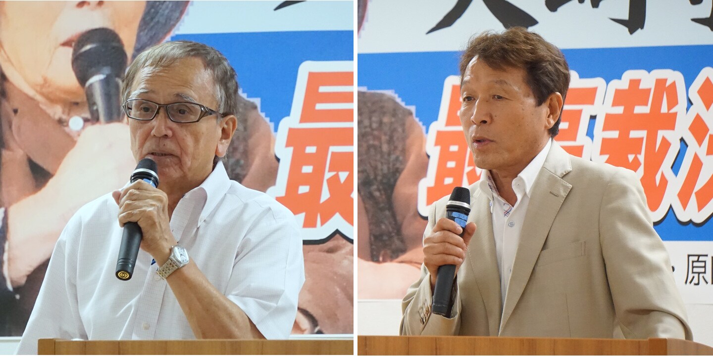 集会には再審で無罪が確定した冤罪被害者も駆けつけた。「足利事件」の菅家利和さん（左）、「布川事件」の桜井昌司さん（2019年7月23日、編集部撮影、都内）