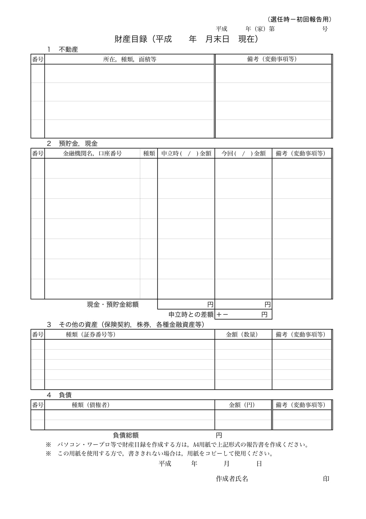 東京家庭裁判所が公開している財産目録の雛形の図